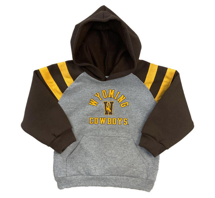 kids hooded sweatshirt with brown sleeves, hood and shoulders with gold stripes on shoulders. in center of tee, arced Wyoming with W and bucking horse under, cowboys below bucking horse. All text is gold with a brown outline.
