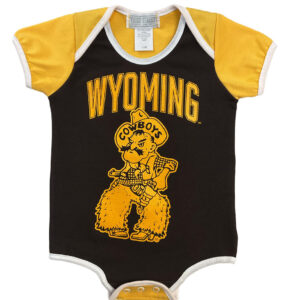infant onesie with design on front. Design in arced wyoming in gold with pistol pete under in gold. Gold shoulders with brown body and white trim.