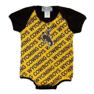 infant onesie with gold body and brown shoulders. design is bucking horse in brown, in foreground with Wyoming cowboys in brown repeating on entire front.