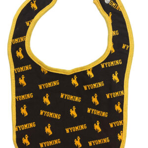 Infant brown bib with gold trim. Wyoming and bucking horse repeated on front.