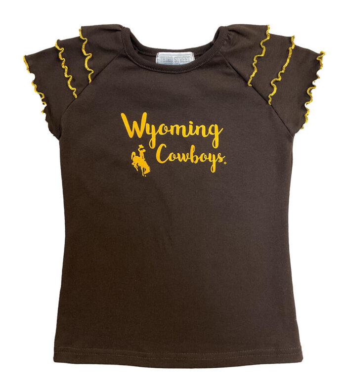 Brown, Short sleeve, toddler t-shirt. Shoulders ruffled with gold trim. Design on front is Wyoming cowboys in gold script with bucking horse