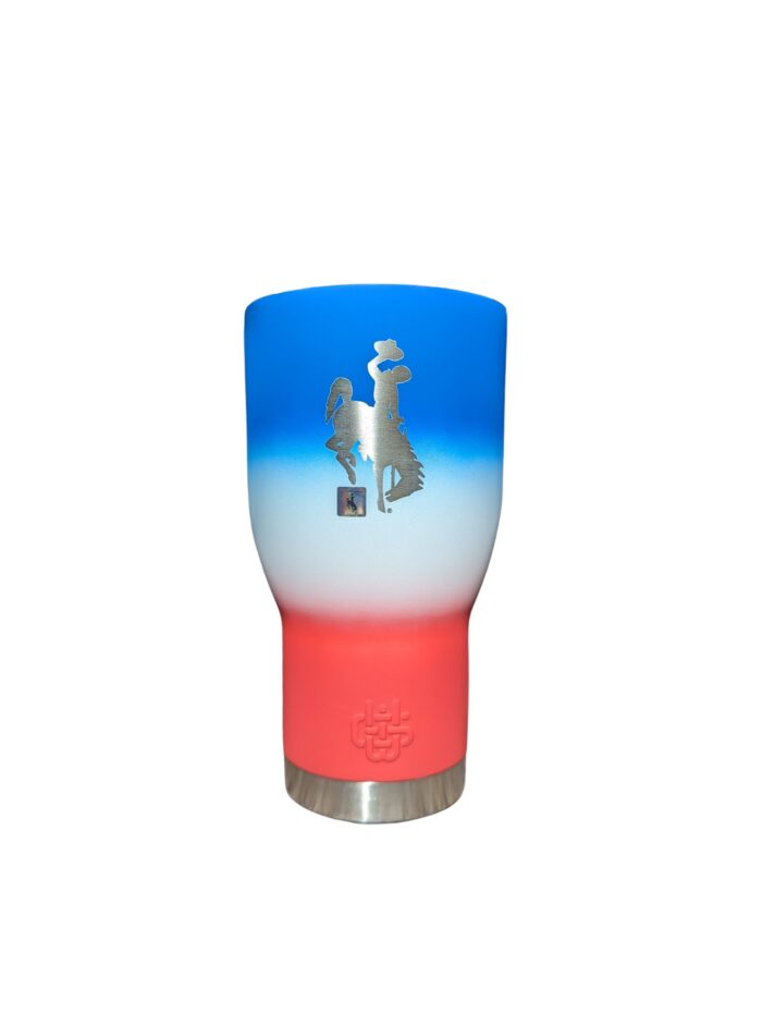 20 ounce, stainless steel tumbler with at gradient red, white and blue color with etched bucking horse on front.