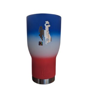30-ounce, stainless steel tumbler with at gradient red, white and blue color with etched bucking horse on front.
