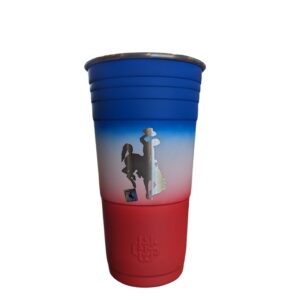 24 ounce, stainless steel cup with lid. Red, white and blue gradient coloring with an etched bucking horse on front.
