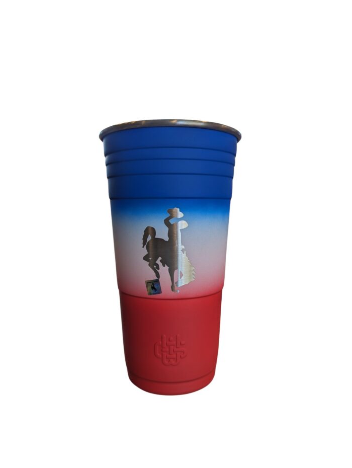 24 ounce, stainless steel cup with lid. Red, white and blue gradient coloring with an etched bucking horse on front.