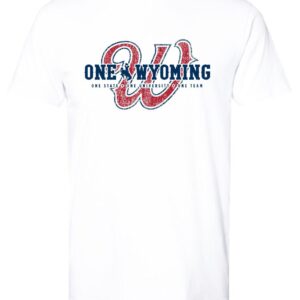 White t-shirt with red cursive W behind words, One Wyoming in navy blue. Between One and Wyoming is navy blue bucking horse.