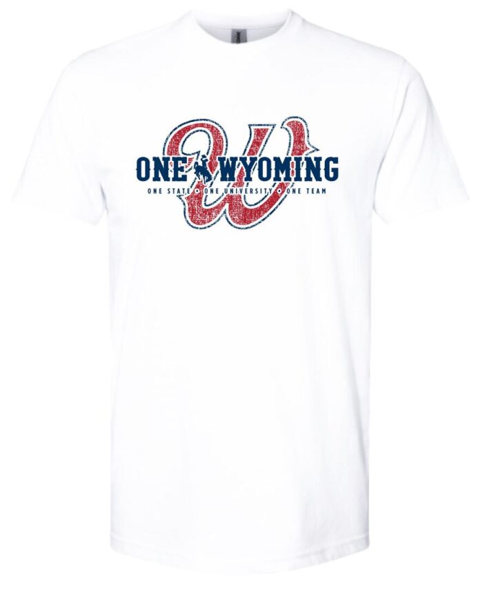 White t-shirt with red cursive W behind words, One Wyoming in navy blue. Between One and Wyoming is navy blue bucking horse.