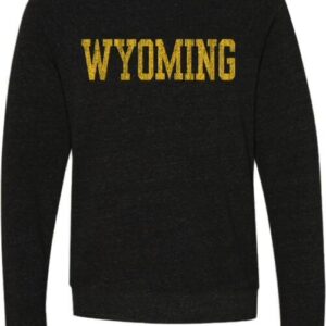 black crewneck sweatshirt with wyoming in gold on front.