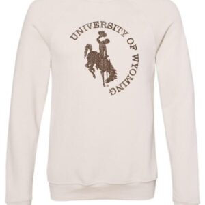 eggshell white crewneck sweatshirt. on front, in a half circle shape, university of wyoming, with bucking horse in center. Design is brown