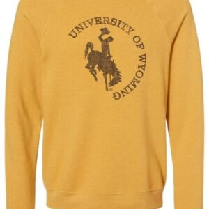 mustard yellow crewneck sweatshirt. on front, in a half circle shape, university of wyoming, with bucking horse in center. Design is brown