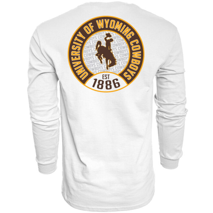 white long sleeve t-shirt with design on back and front. Design is university of wyoming circled in gold text with brown background and gold outline. in center bucking horse in foreground with cowboys in background. est. 1816 in brown in bottom of circle. On front, same design but on front left.