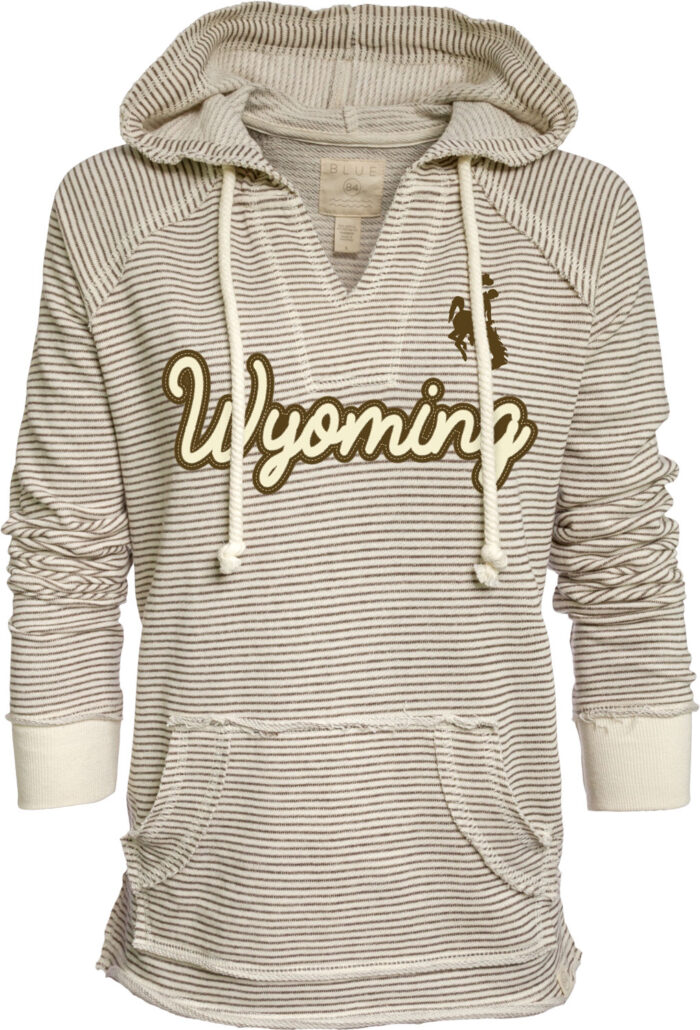 white and grey striped hooded sweatshirt. Wyoming embroidered in off-white and brown in center with brown bucking horse on left shoulder. Raw edge throughout entire hoodie.