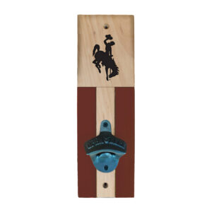 metal and wood, mountable, bottle opener with black bucking horse at top.