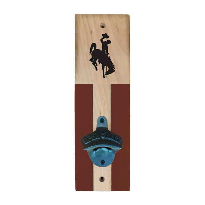 metal and wood, mountable, bottle opener with black bucking horse at top.
