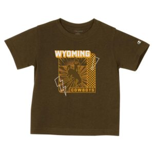 brown toddler short sleeve t-shirt. boxed design on front. white wyoming with gold outline. bucking horse, brown, in center, gold outline. fireworks behind bucking horse. cowboys in gold at bottom