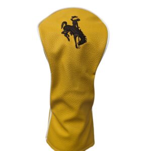 Gold driver golf club cover with white trim details, design is brown bucking horse