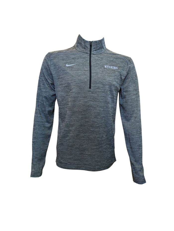 medium grey 1/4 zip collared jacket. On front left chest Wyoming embroidered in white. on right chest, Nike swoosh embroidered in white.