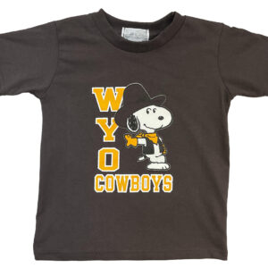 Toddler, Brown, short sleeve t-shirt, with snoopy in cowboy hat, in white and gold. Wyo to right of snoopy, cowboys under, both in gold with white outline.