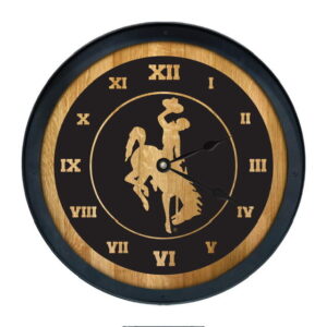 wine barrel clock with metal encasement around edge. On front, metal bucking horse cut out with metal cut out roman numerals for time.