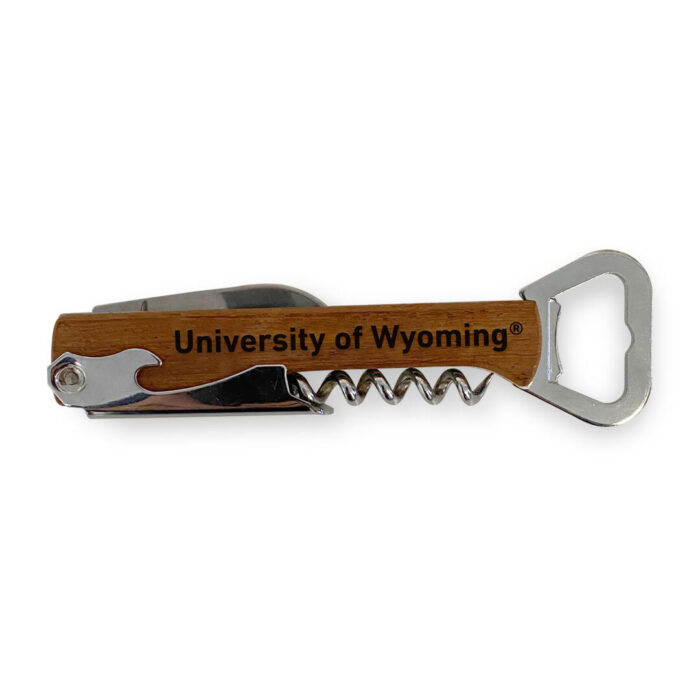 Wood and metal wine key. Bottle opener at top with screw wine bottle opener. serrated edge for opening aluminum