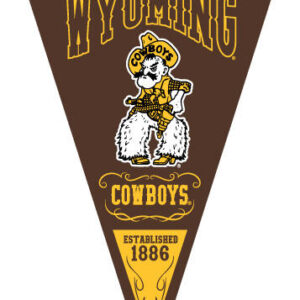 brown 20x30 triangular banner. Block wyoming, brown fill, gold outline with ribbon design at top. Pistol pete in center. block cowboys in gold at bottom.