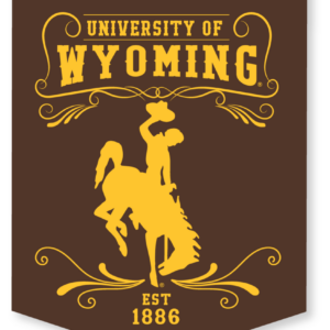 18x24 banner. Background is brown with design. Design in University of Wyoming in gold with ribbon like lines around it. Gold bucking horse under Wyoming.