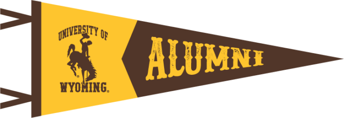 color block 12x32 banner. at wide end, gold background with arced university of wyoming with bucking horse in brown. At tapered end, brown background with block Alumni in gold.