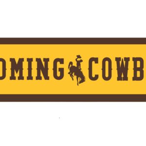 rectangular 9x36 banner. brown boarder with gold center. across banner, wyoming, bucking horse, cowboys in brown block text.