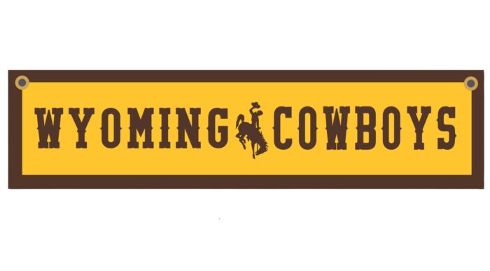 rectangular 9x36 banner. brown boarder with gold center. across banner, wyoming, bucking horse, cowboys in brown block text.