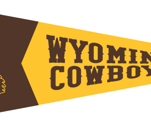 color block, horizontal 12x32 banner. At wide end, brown background with gold outline bucking horse. at tapered end, gold background with wyoming cowboys in brown.
