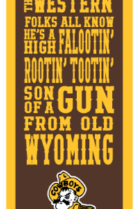 12x36 banner with gold trim and brown background. Ragtime Cowboy joe lyrics on front in block gold text. Pistol pete at the bottom