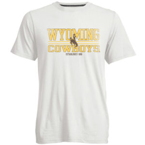 White short sleeve t-shirt with design on front. design is Wyoming cowboys in large gold font with two gold bars separating wyo and cowboys. Brown bucking horse in center.