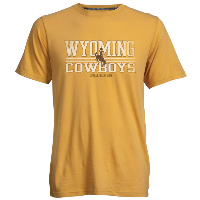 Gold short sleeve t-shirt with design on front. design is Wyoming cowboys in large white font with two white bars separating wyo and cowboys. Brown bucking horse in center.