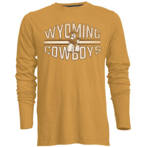 Faded gold long sleeve t-shirt with design on front. Wyoming arced at top in white with brown outline, cowboys arced under in white with brown outline. Pistol Pete in center of design.