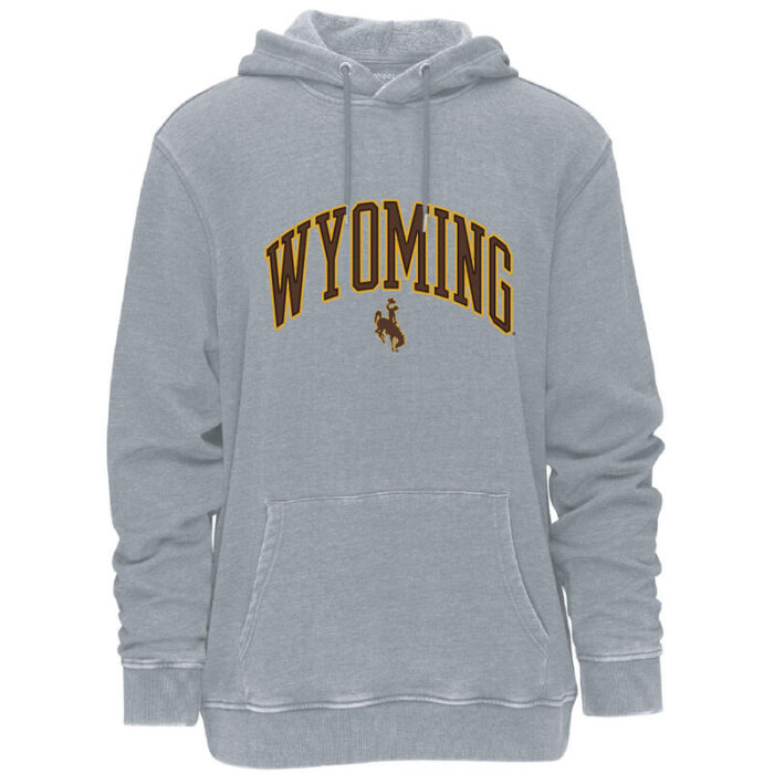 medium grey hooded sweat shirt with design on front, arced Wyoming in brown with gold outline, brown bucking horse with gold outline