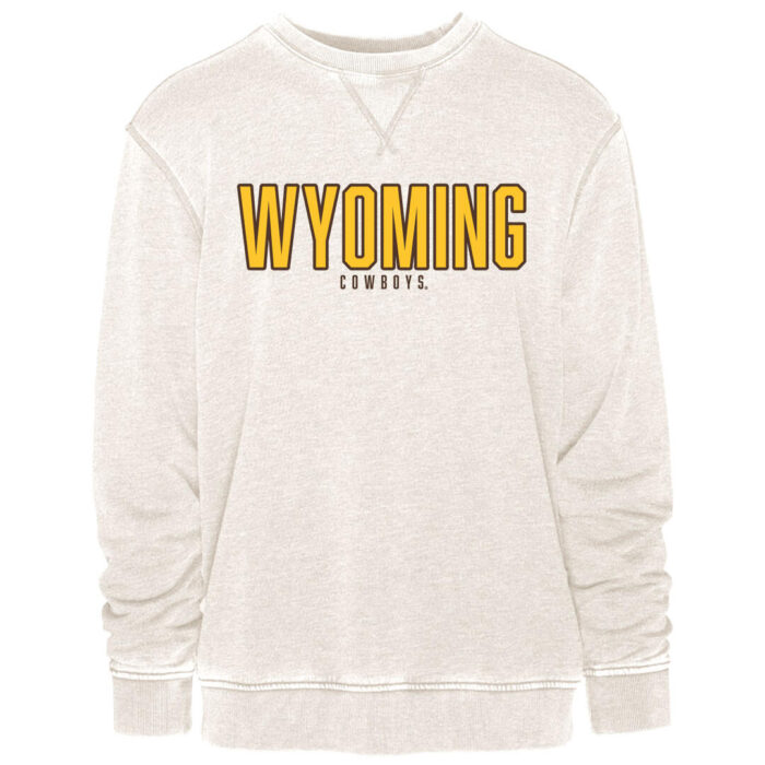 Light gray crew neck sweatshirt with rubberized design on front. Design is Wyoming straight across in gold with brown outline. Cowboys in brown under Wyoming.