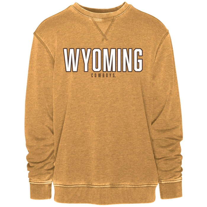 Light gold crew neck sweatshirt with rubberized design on front. Design is Wyoming straight across in white with brown outline. Cowboys in brown under Wyoming