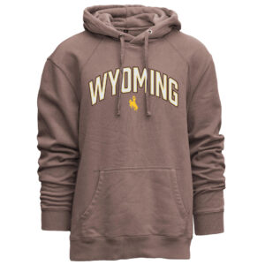 dark brown heavy-weight sweatshirt with rubberized design on front. Design is Wyoming arced in gray with gold and brown outline with gold bucking horse under.
