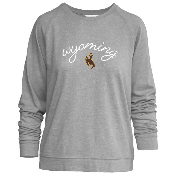 Grey long sleeved t-shirt with cuffed wrists and waist, with design on front. Design is, white, Wyoming in script, with brown bucking horse under.
