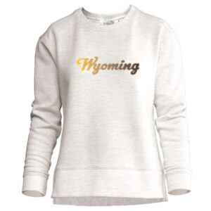 off white women's crewneck sweatshirt. design on front is script Wyoming with Ombre from right to left, right is gold left is brown.