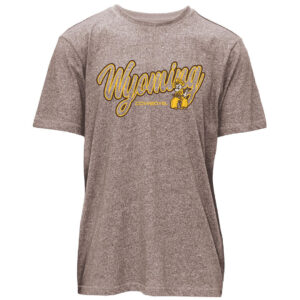 Brown, short sleeved, t-shirt with design on front. Design in Wyoming in bubble script in brown and gold. Pistol Pete to the left of Wyoming.