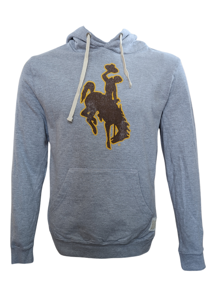 Grey hooded sweatshirt with brown bucking horse with gold outline on front.