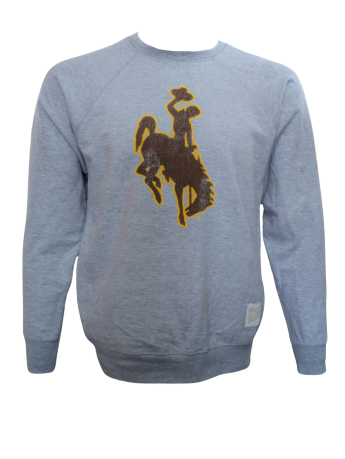 Grey crewneck sweatshirt with brown bucking horse with gold outline on front.