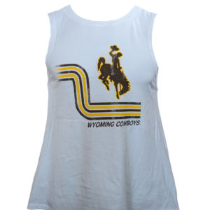 off white tank top. On front, left center is brown bucking horse with gold outline. Below, L shaped retro stripes in gold and brown, with wyoming cowboys under.