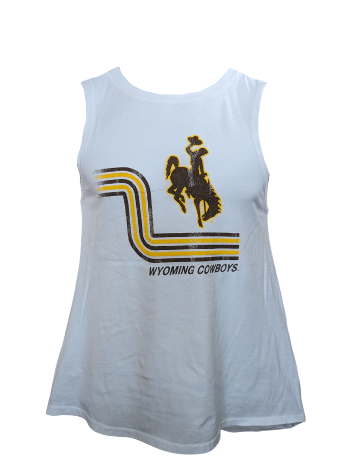 off white tank top. On front, left center is brown bucking horse with gold outline. Below, L shaped retro stripes in gold and brown, with wyoming cowboys under.