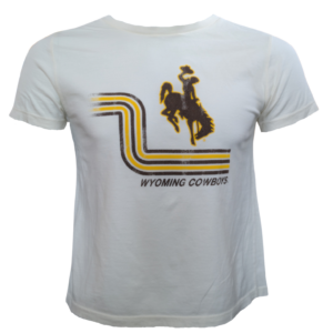 off white short sleeve tee. On front, left center is brown bucking horse with gold outline. Below, L shaped retro stripes in gold and brown, with wyoming cowboys under.