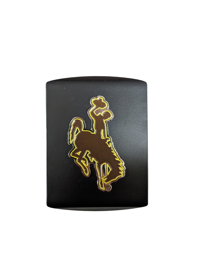 Black hitch cover with 3D emblem of bucking horse in brown with gold outline