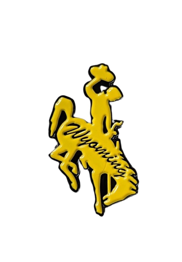 gold and brown, matte finish, lapel, bucking horse, pin. Wyoming in center of pin