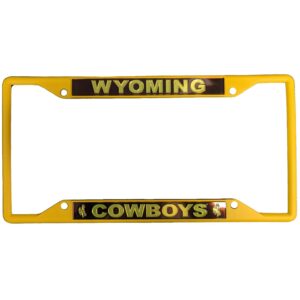 matte gold license plate cover. gold Wyoming boxed in, in brown on top. Gold cowboys boxed in, in brown with gold bucking horse on either side.