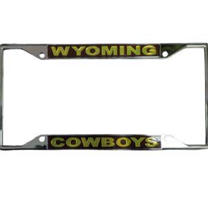 Silver license plate cover. gold Wyoming boxed in, in brown on top. Gold cowboys boxed in, in brown.